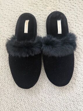 Vintage Laura Ashley Black Velvet Slide Slippers with Real Fur Trim